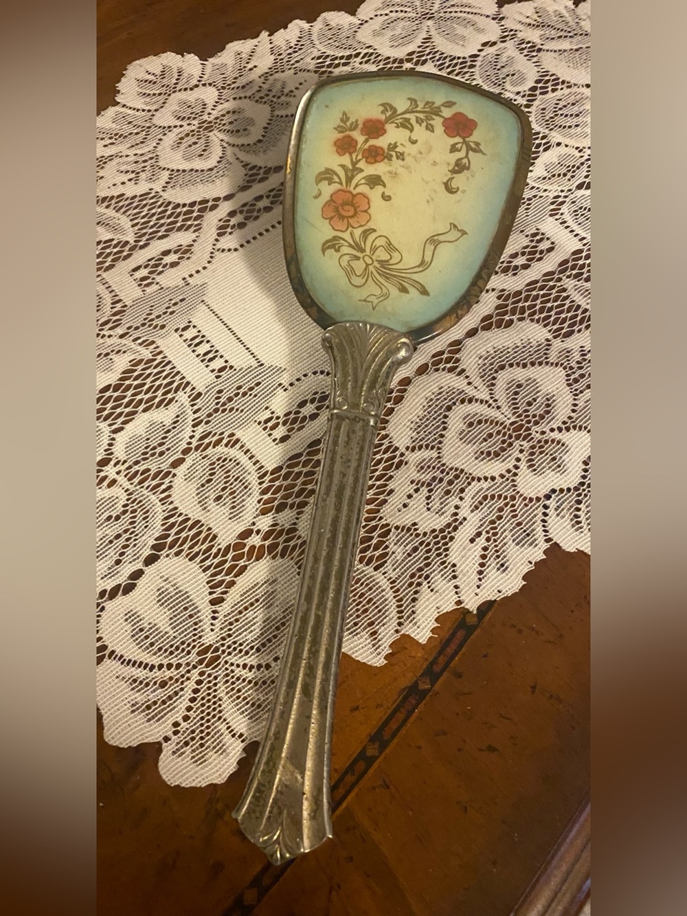 Vintage Floral Hair Brush with Blue Enamel Back very old